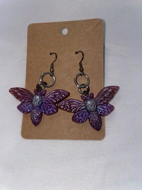 Purple Skull Moth Pendant Drop Earrings